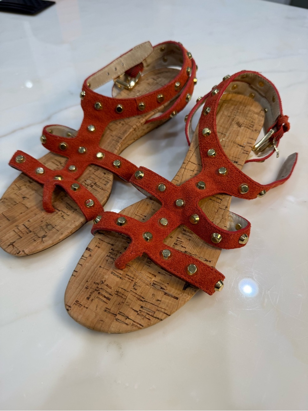 MK Jolie red suede studded wedge sandals